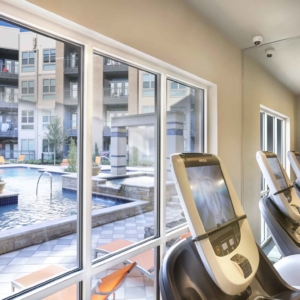 workout with a view, treadmill facing the pool area at origin